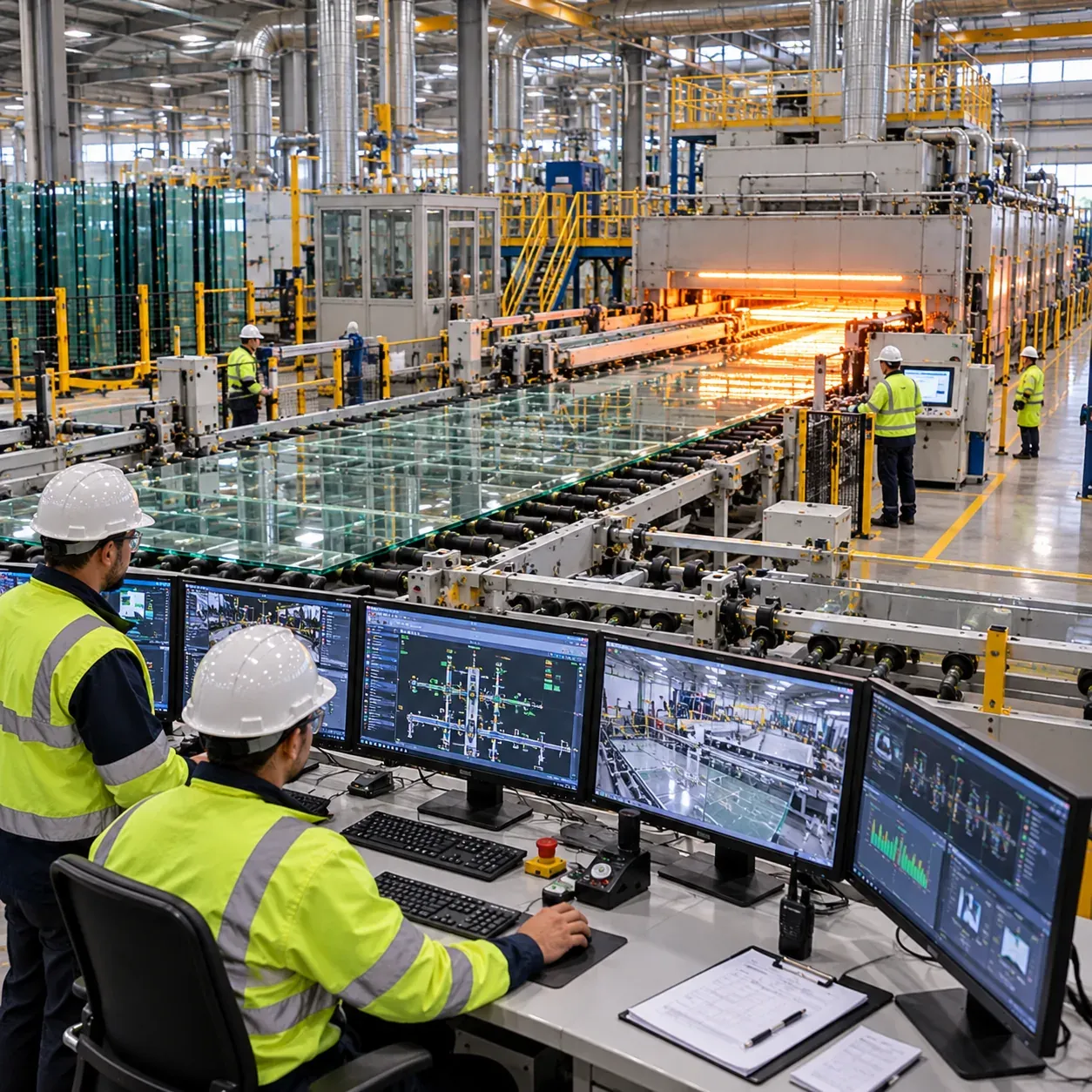 Two operators in hard hats and high-visibility jackets at a control desk of monitors, overlooking a glass production line and furnace