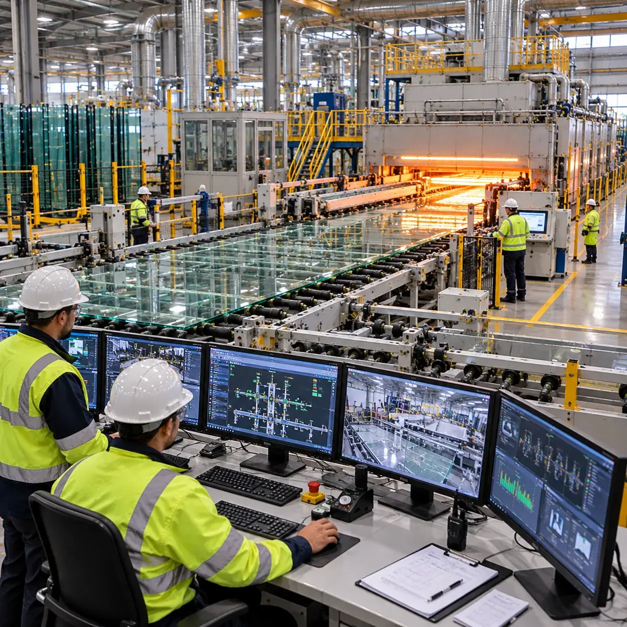 Two operators in hard hats and high-visibility jackets at a control desk of monitors, overlooking a glass production line and furnace