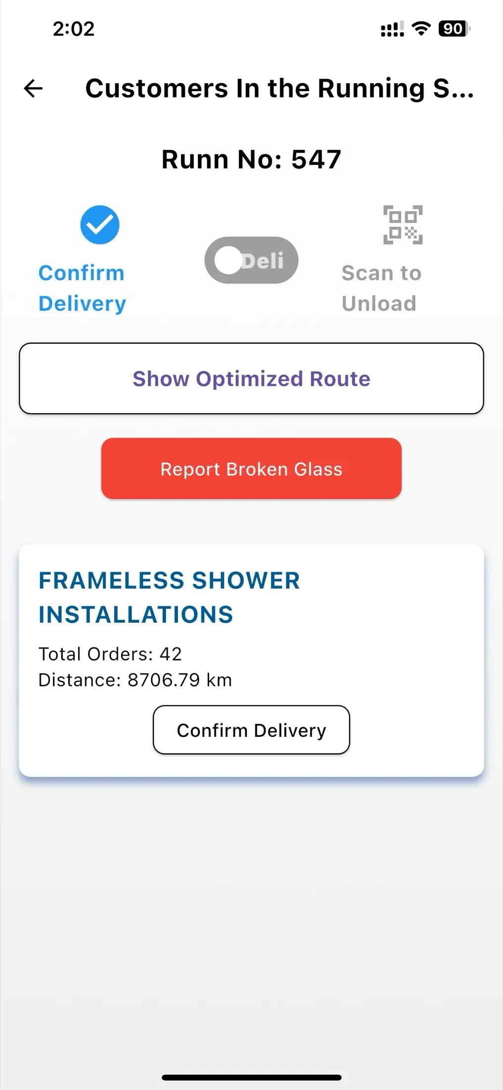 SPIL Delivery Scanner app showing a customer on the running sheet with Confirm Delivery, Scan to Unload and Show Optimized Route