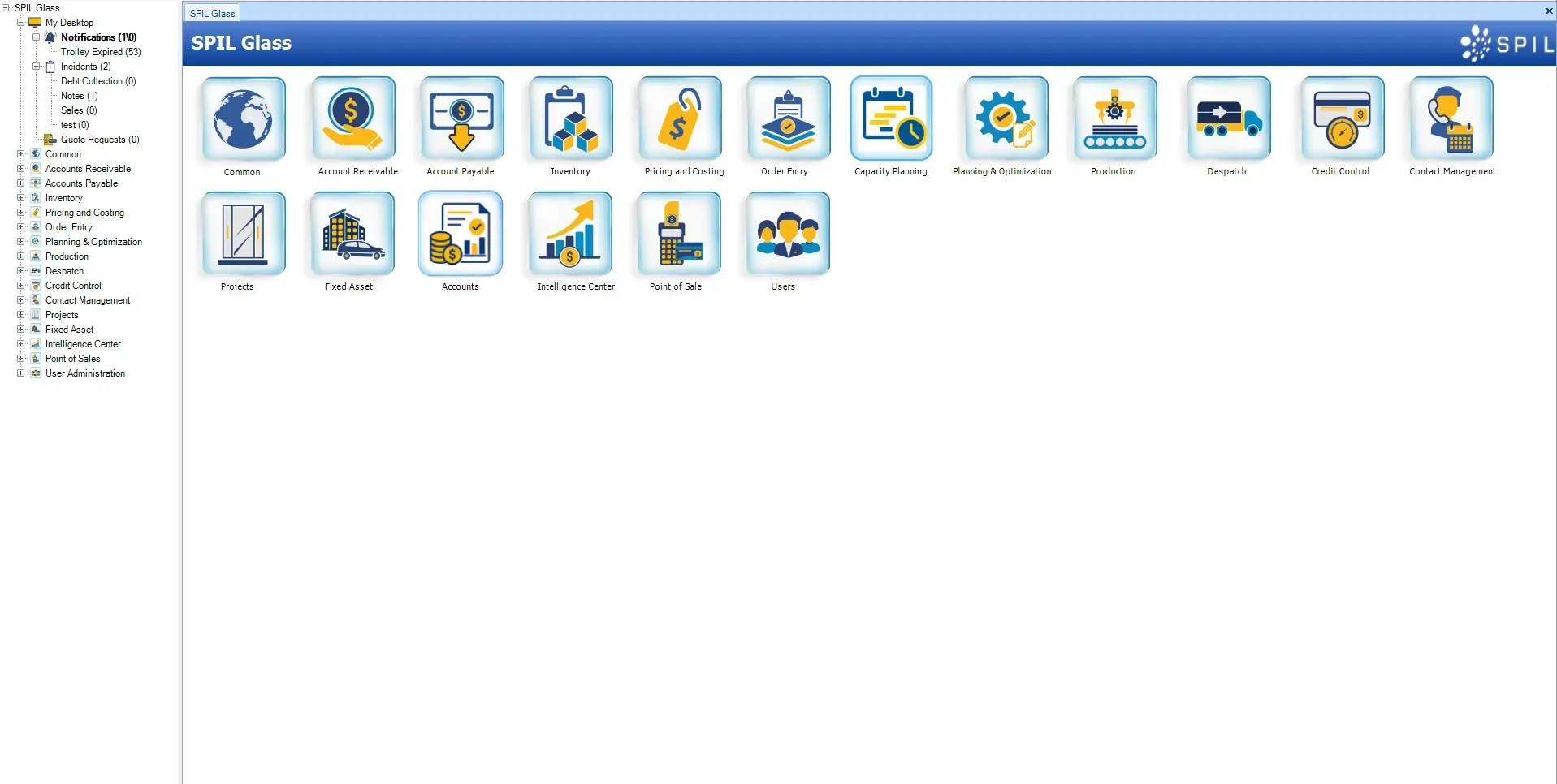 SPIL ERP home screen with the module launcher for order entry, planning, production, inventory, despatch, finance and more